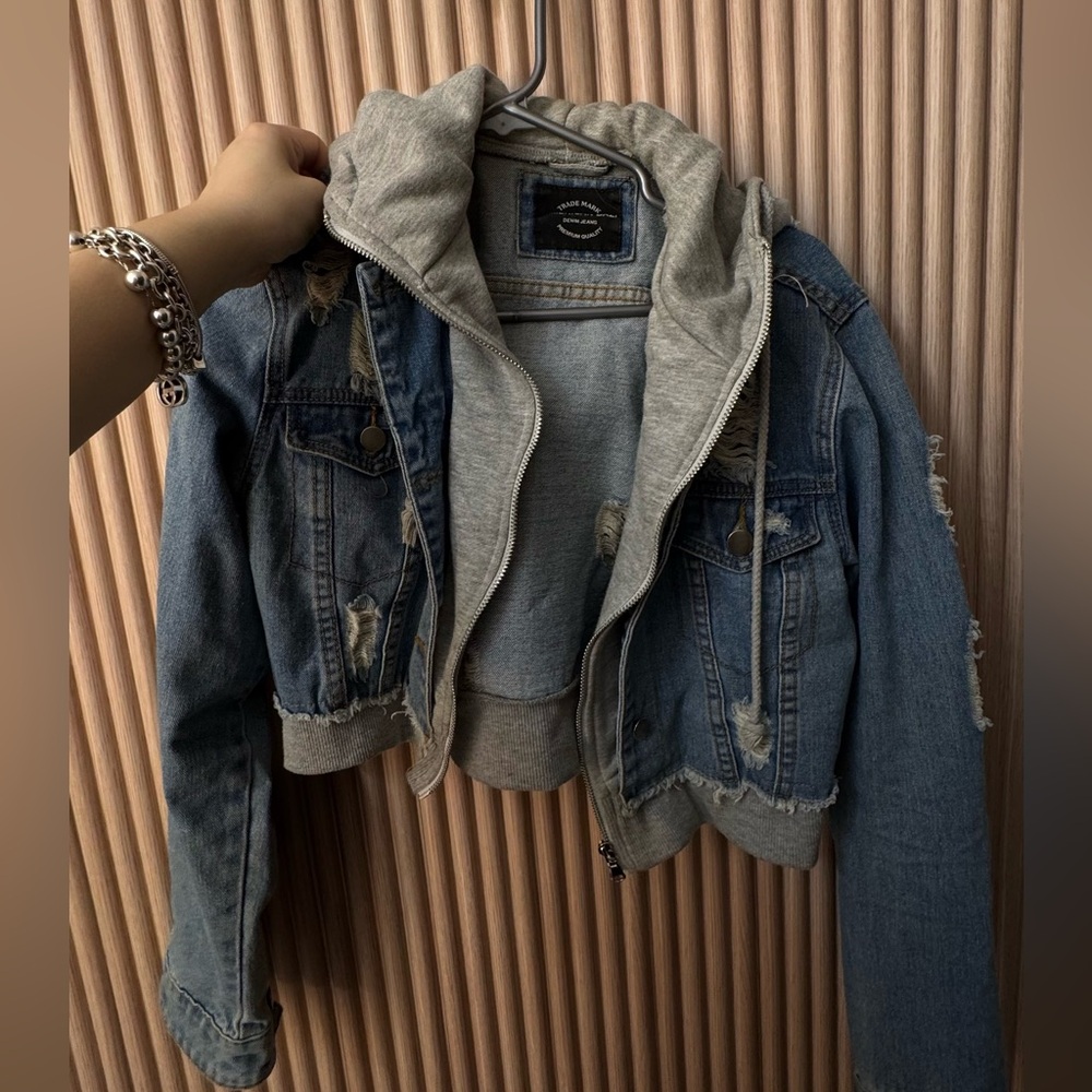 Fashion Nova distressed crop denim jacket with hood